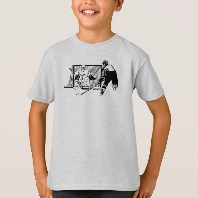 Boys Hockey Shooting auf Net Ink Sketch T-Shirt (Vorderseite)