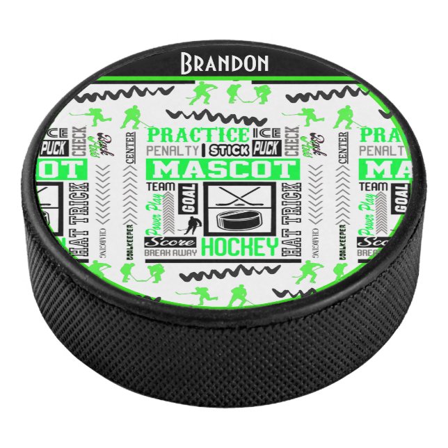 Boys Hockey Terminologie Personalisiert Neon Green Eishockey Puck (3/4)