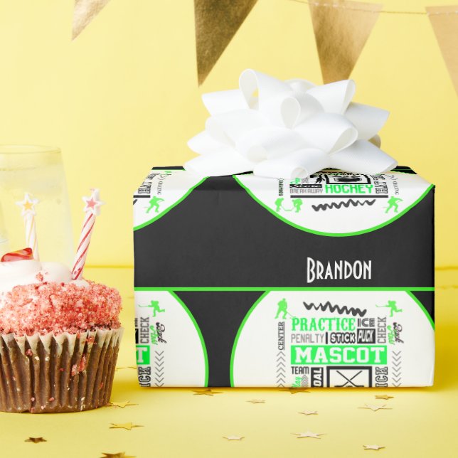 Boys Hockey Terminologie Personalisiert Neon Green Geschenkpapier (Geburtstagsparty)