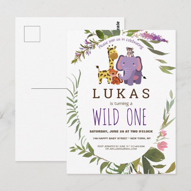 Boys Jungle Safari Tier 1. Geburtstag Einladung Postkarte (Vorne/Hinten)