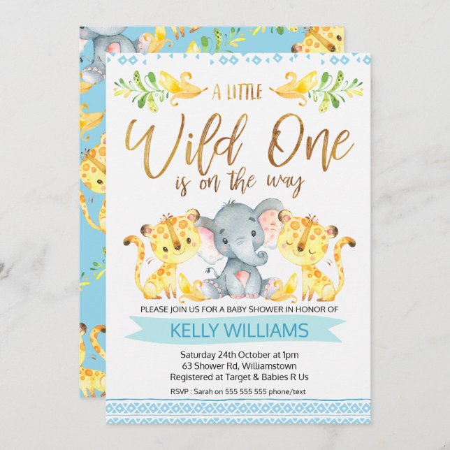 Boys Jungle Wild One Baby Dusche Einladung (Vorne/Hinten)