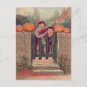Boys Kürbislaterne Pumpkin Fence Postkarte