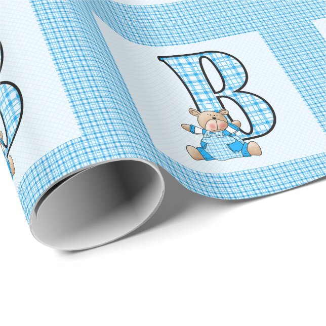 Boys Letter 'B' mit Teddy Bear und Blue Gingham Geschenkpapier (Rolleneckpunkt)