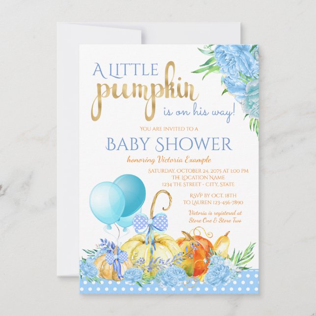 Boys Little Pumpkin Baby Shower Einladungen (Vorderseite)