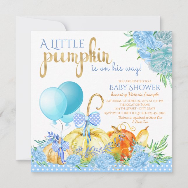 Boys Little Pumpkin Baby Shower Einladungen (Vorderseite)