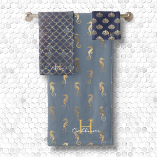 Boys Metallic Gold Mit Monogramm Dusty Blue Merman Badhandtuch Set
