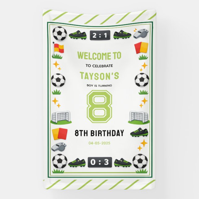 Boys Modern Sports Soccer Kids 8th Birthday Party Banner (Vertikal)
