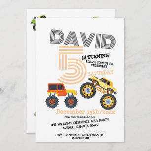 Boys Monster Car Trucks 5. Geburtstagsparty Einladung