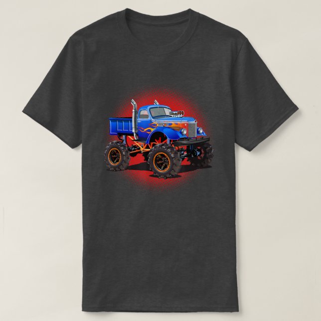 Boys Monster Truck mit Flammen blau roter Grafik T-Shirt (Design vorne)