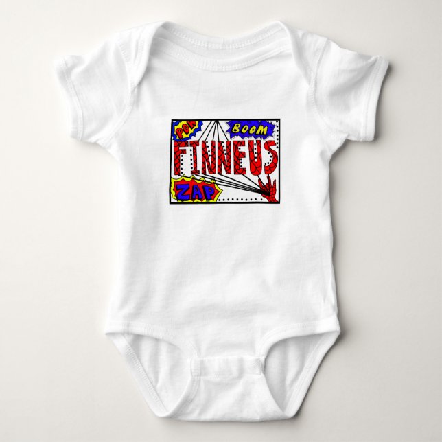 Boy's Name Finneus Spider Web Super Power Baby Baby Strampler (Vorderseite)