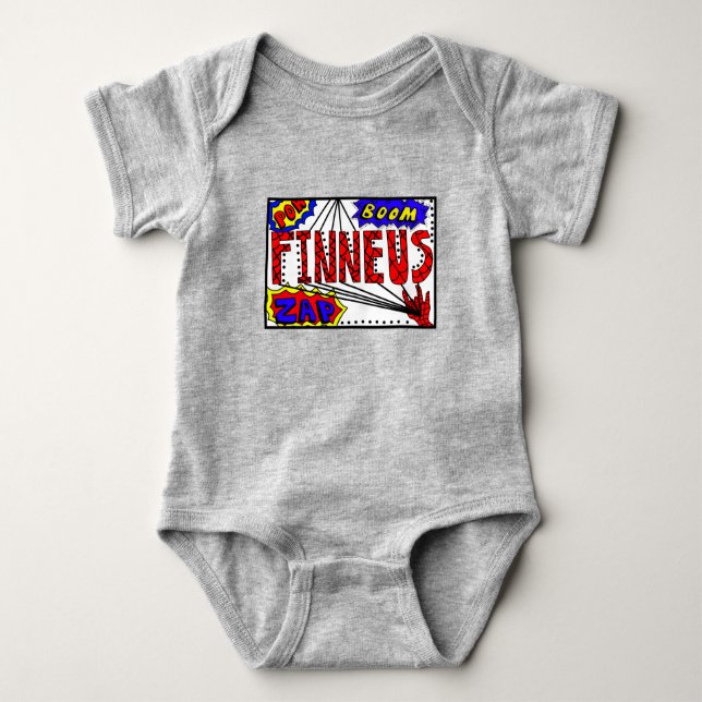 Boys Name Finneus Spider Web Super Power Baby Strampler (Vorderseite)