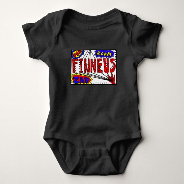 Boys Name Finneus Spider Web Super Power Baby Strampler (Vorderseite)