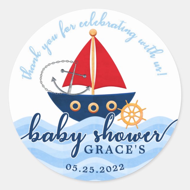 Boys Nautical Boat Babydusche Danke Sticker (Vorderseite)