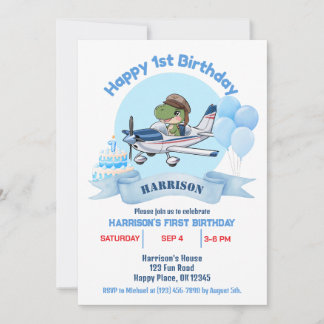 Boys Niedlich Blue Airplane Dinosaur Kinder 1. Geb Einladung