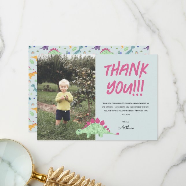 Boys Niedlich Blue Dinosaurier Jungle Kindergeburt Dankeskarte (Vorderseite/Rückseite Beispiel)