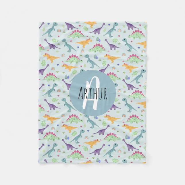 Boys Niedlich Blue Dinosaurier Muster & Name Kinde Fleecedecke (Vorderseite)