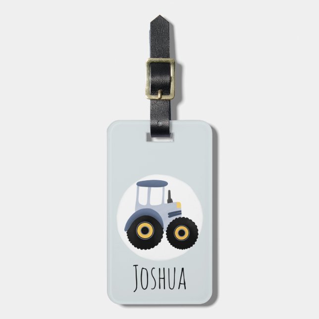 Boys Niedlich Blue Farm Traktor Cartoon und Name K Gepäckanhänger (Vorderseite vertikal)