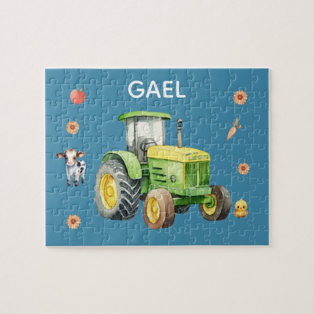Boys Niedlich Blue Farm Traktor und Name Kids Puzzle (Horizontal)