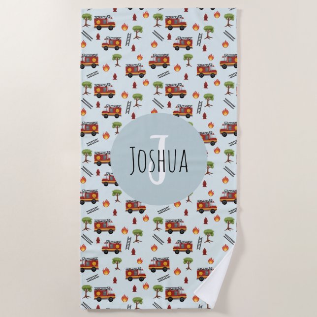 Boys Niedlich Blue Fireman Truck Muster Kinder Strandtuch (Vorderseite)