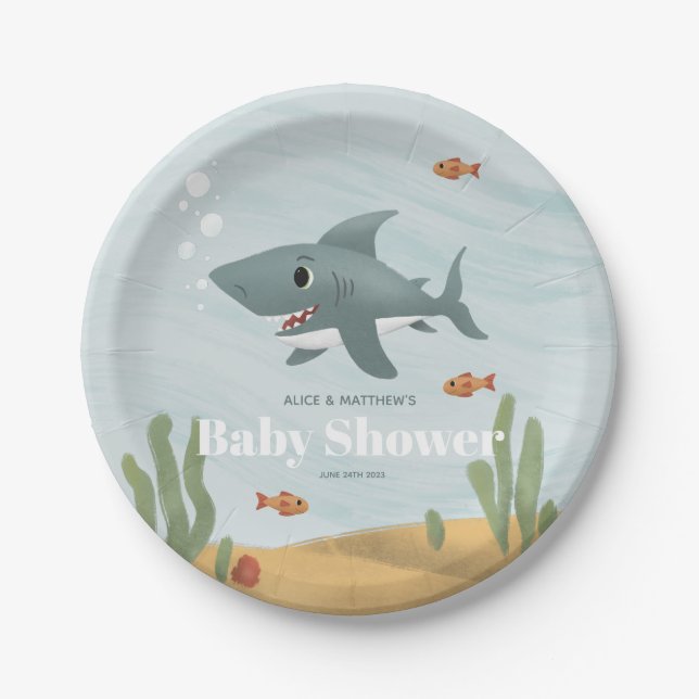 Boys Niedlich Blue Ocean Sea Shark Baby Dusche Pappteller (Vorderseite)