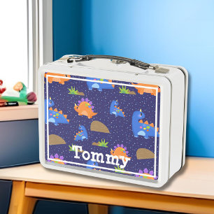 Boys Niedlich Blue Orange Star Dinosaurier Metall Brotdose