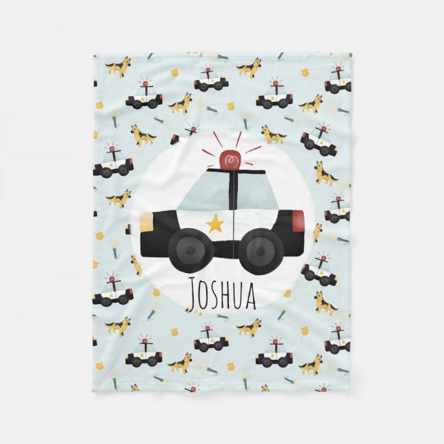 Boys Niedlich Blue Police Car Muster mit Namen Kin Fleecedecke (Vorderseite)