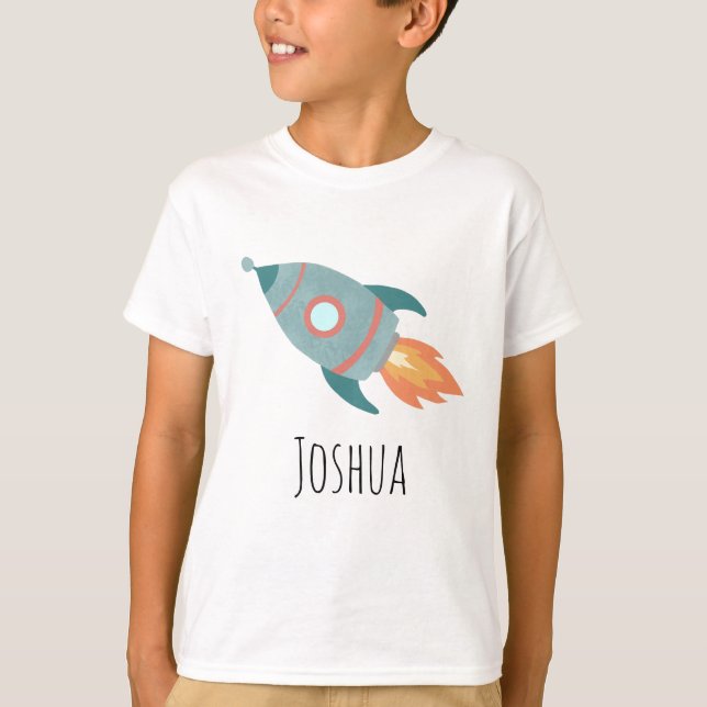 Boys Niedlich Blue Rocket Ship in Space and Name T-Shirt (Vorderseite)