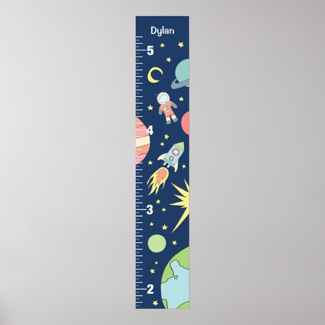 Boys Niedlich Blue Rocket Ship Space Growth Chart Poster (Vorne)