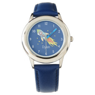 Boys Niedlich Blue Rocket Ship Space und Name Kids Armbanduhr