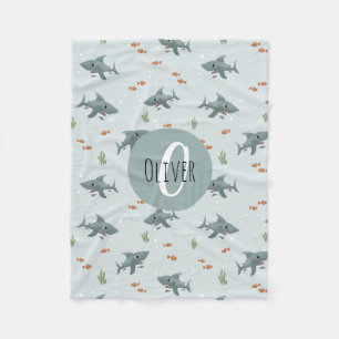 Boys Niedlich Blue Shark Muster Monogram Kids Fleecedecke