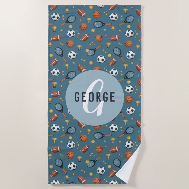 Boys Niedlich Blue Sports Monogram Kids Strandtuch (Vorderseite)