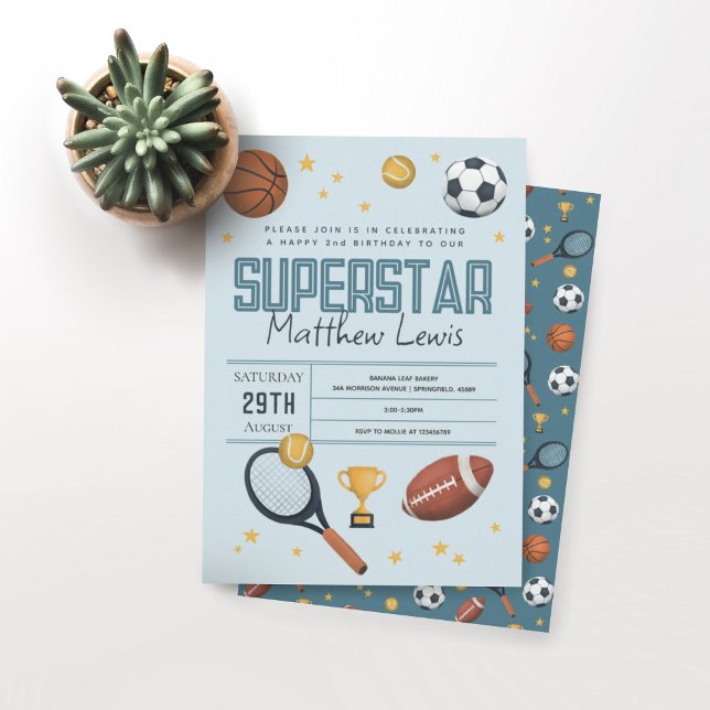 Boys Niedlich Blue Sports Superstar Kinder 2. Gebu Einladung (Von Creator hochgeladen)