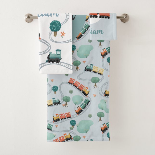Boys Niedlich Blue Train Pattern Kids Badhandtuch Set (Insitu)