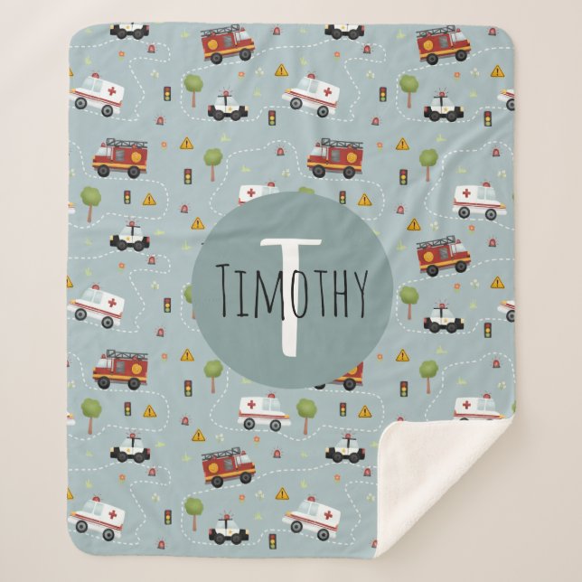 Boys Niedlich Blue Transport Pattern Kids Sherpadecke (Vorderseite)