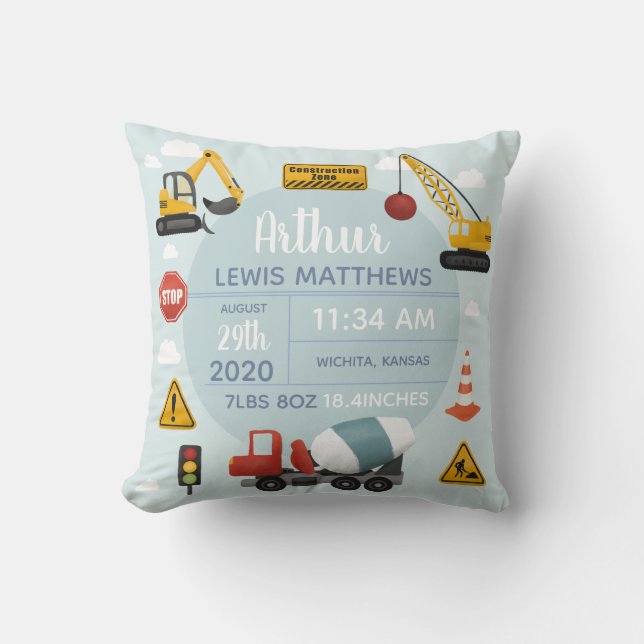 Boys Niedlich Construction Digger Baby Boy Birth S Kissen (Vorderseite)