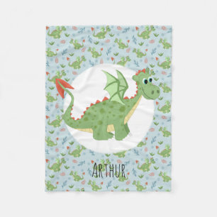 Boys Niedlich Green Dragon Cartoon Muster & Name K Fleecedecke