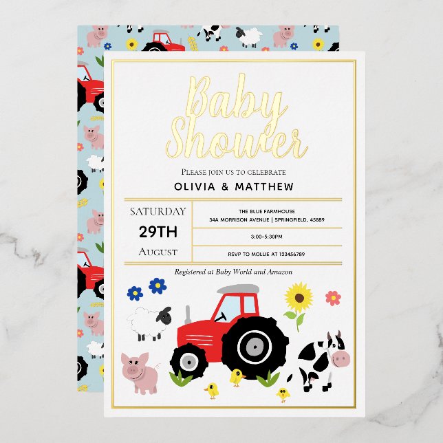 Boys Niedlich moderne Landfarm Traktor Babydusche Folieneinladung (Vorderseite/Rückseite)