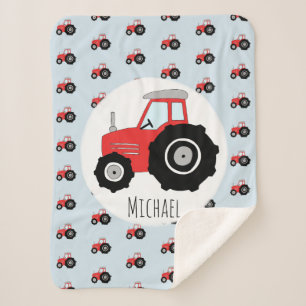 Boys Niedlich Red Traktor Muster mit Namenskindern Sherpadecke