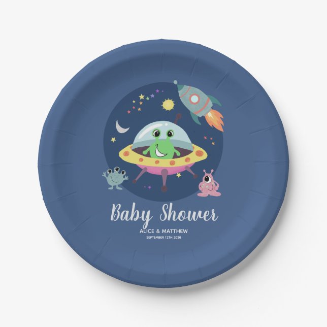 Boys Niedlich Space Alien Baby Shower Paper Plate Pappteller (Vorderseite)