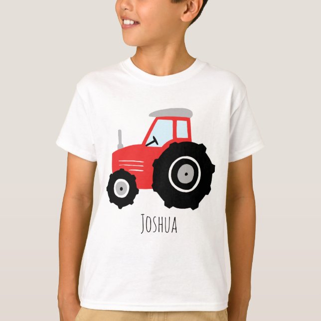 Boys Niedlicher Red Farm Traktor Cartoon mit Name T-Shirt (Vorderseite)