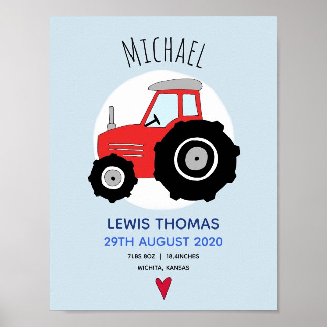 Boys Niedliches Red Farm Tractor Baby Kinderzimmer Poster (Vorne)