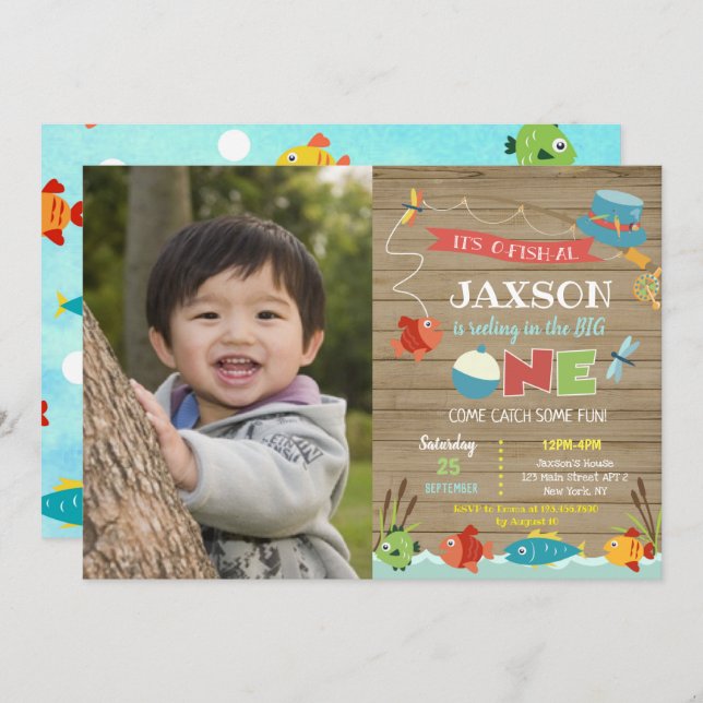 Boy's O-Fisch-al 1. Geburtstag Einladungen (Vorne/Hinten)