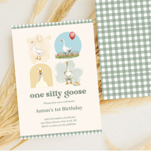 Boys One Albern Goose Blue First Birthday Gingham Einladung