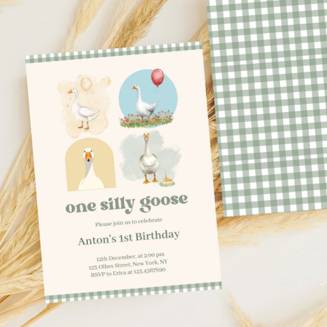Boys One Albern Goose Blue First Birthday Gingham Einladung (one silly goose, 1st birthday, farm, boys first birthday boy, blue gingham, whimsical, sage green, b)