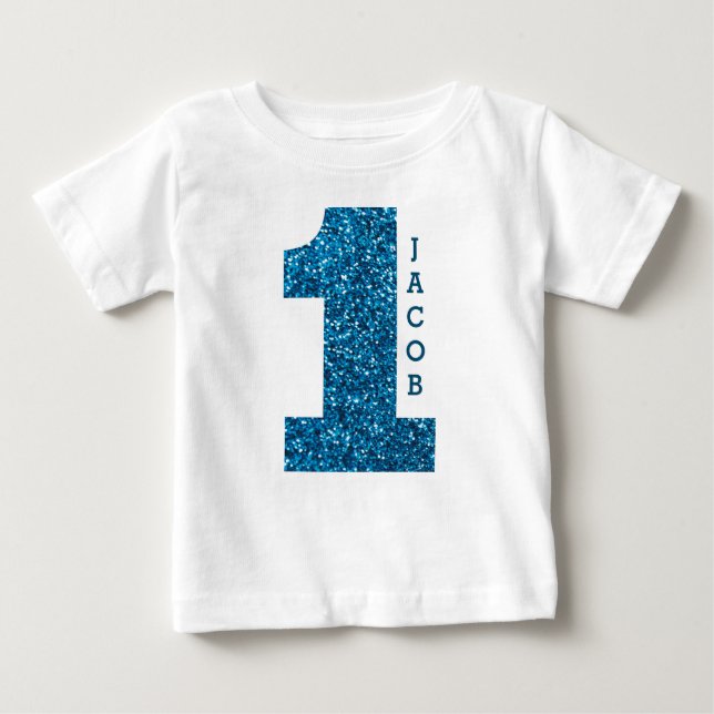 Boys One First Birthday Blue Glitzer Baby T-shirt (Vorderseite)