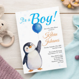 Boy's Penguin Blue Baloon Watercolor Baby Shower  Einladung