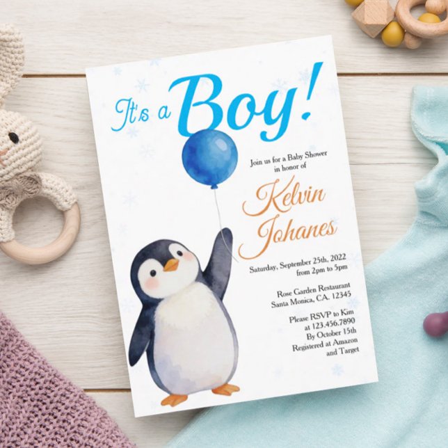 Boy's Penguin Blue Baloon Watercolor Baby Shower  Einladung (Von Creator hochgeladen)
