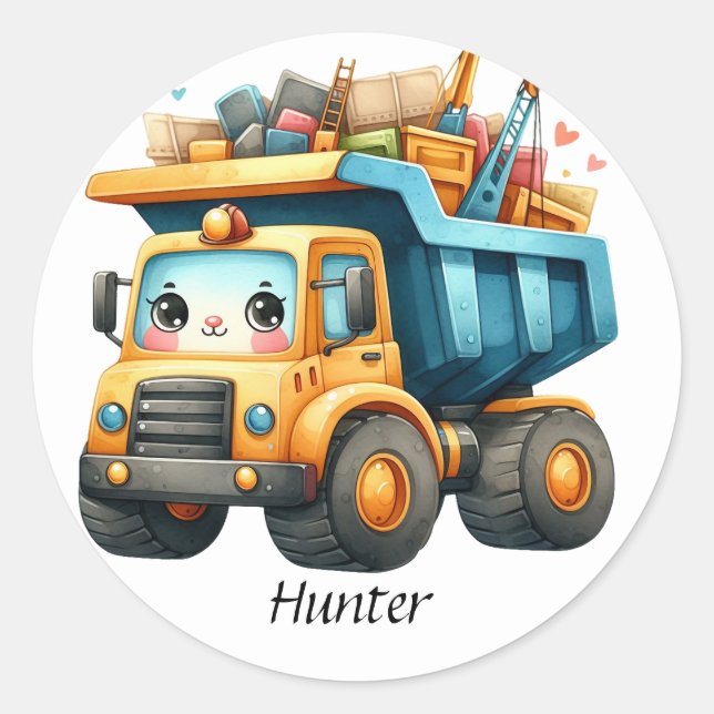 Boys Personalisierter Name Dump Truck Runder Aufkleber (Vorderseite)