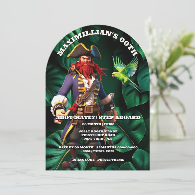 Boys pirate theme birthday party captain red einladung (Stehend Vorderseite)