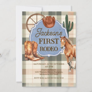 Boys Plaid Green Brown First Rodeo 1st Birthday Einladung